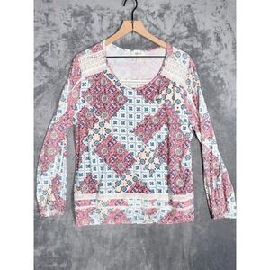 Style & Co Womens Blouse L Multicolor Paisley Boho Lace Trim Long Sleeve